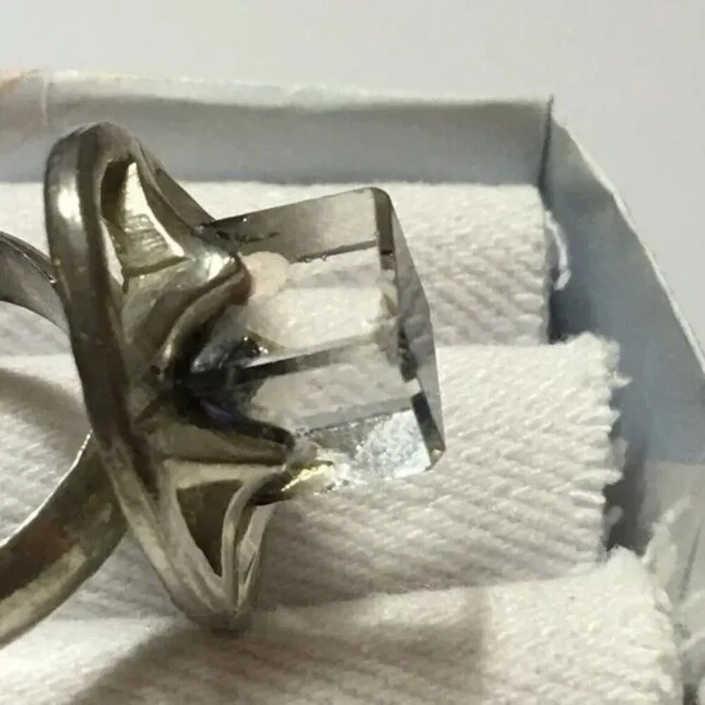 Vintage Silver Tone Blue Coated Glass Cube Ring Adjustable Band Size 7.25